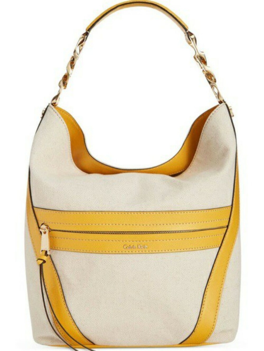 Calvin Klein Oatmeal Canvas Yellow Trim Shoulder Hobo Bag